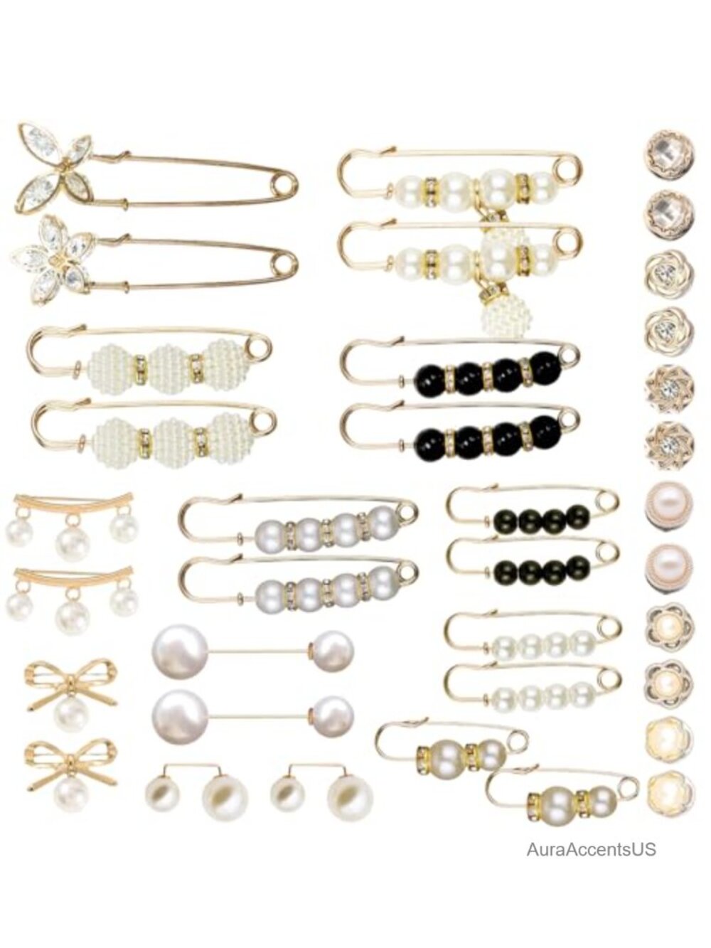 36 Crystal Pearl Brooch Safety Pins, Pant Waist Tightener Pins, Button Pins for